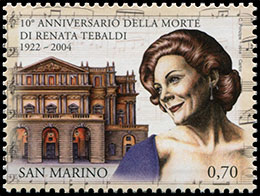 10 лет со дня смерти оперной певицы Ренаты Тебальди (1922-2004). Почтовые марки Сан-Марино.